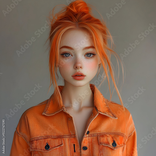 A very pale skinned girl with bright orange hair, wearing a bright orange shirt, isolated on a white background