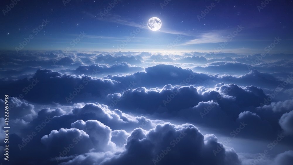 Obraz premium Glowing full moon casting silvery light above billowy clouds at night, with twinkling stars