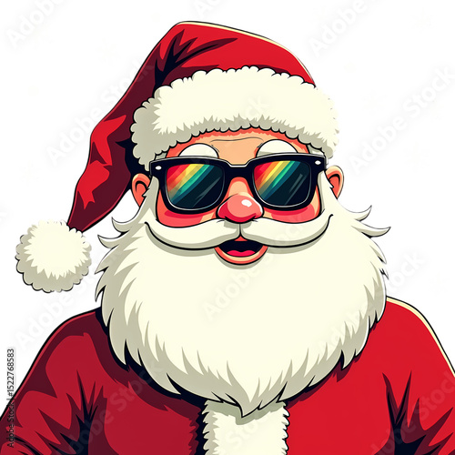 Cartoon Santa Claus with Rainbow Sunglasses in a Festive Winter Scene with Snowflakes Falling Down Around Him