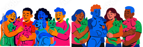 Families joyfully holding their pets during an outdoor gathering at a community park in mid-afternoon light