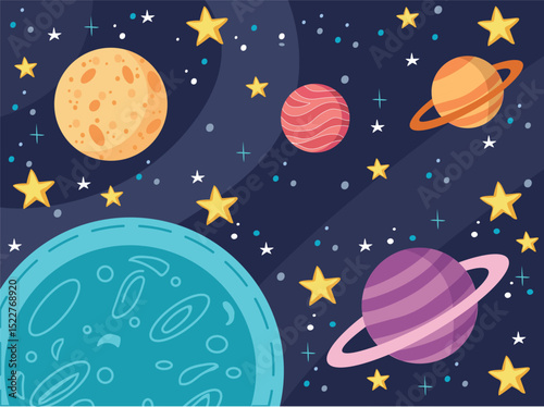 cartoon space background with colorful space with planets and stars
