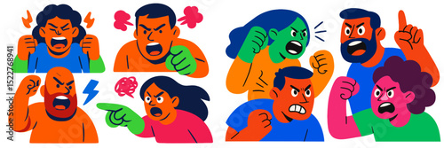 Emotional conflict among diverse individuals expressing anger and frustration in a bold illustrative style