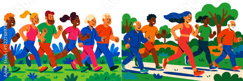 Group of diverse people running together in a park for fitness during a sunny day
