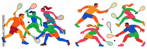 Colorful illustration of individuals playing tennis in a lively and energetic setting during a sunny day