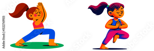 Young girls practicing yoga in colorful activewear outdoors during a sunny afternoon in a playful and creative setting