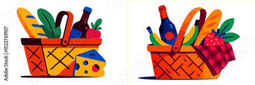 Colorful picnic baskets filled with food and drinks ready for a fun outdoor gathering