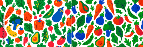 Colorful assortment of vegetables and fruits arranged in a playful pattern for artistic display and food inspiration