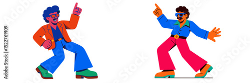 Colorful cartoon characters dancing joyfully in retro clothing during a vibrant celebration
