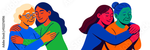 Embracing moments between generations in a colorful illustration of love and care