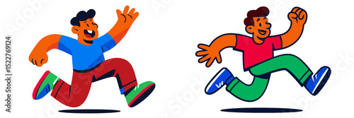 Two cheerful characters running together with enthusiasm in a colorful, animated style during daylight hours