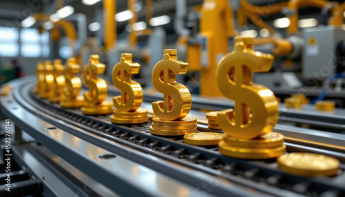 Symbolic dollar coins in motion on conveyor belt, representing wealth and finance in modern industrial setting