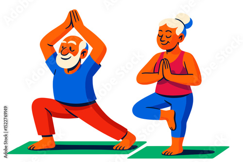 Elderly couple practicing yoga together indoors during a bright afternoon in a cozy home setting