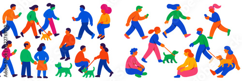 Colorful illustration of people walking and playing with dogs in a lively urban park setting during daytime