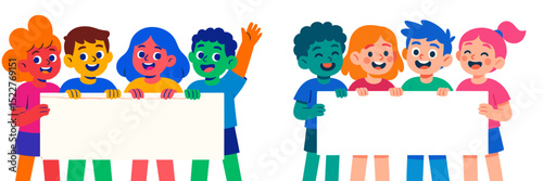 Group of happy children holding blank banners at a fun event in a colorful setting during daytime