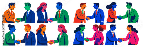 Business professionals engaging in handshakes during a networking event in an urban setting in the daytime