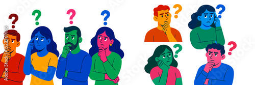 Group of people expressing curiosity and contemplation while pondering various questions in a colorful setting