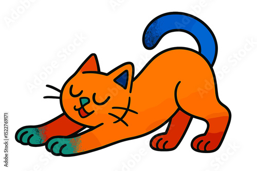Colorful orange cat stretching playfully on a white background showcasing its joyful demeanor