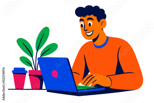 Person working on laptop at a table with plants and coffee cups in a bright and colorful environment