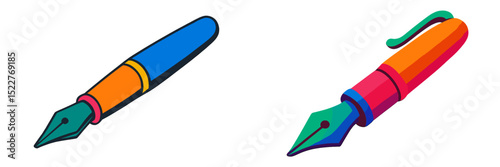 Colorful fountain pens with vibrant designs showcasing intricate nibs and grips on a white background