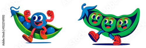 Colorful cartoon peas running and playing in a vibrant environment, showcasing a fun and lively character design