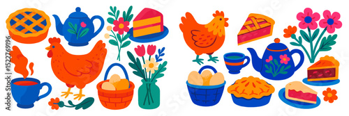 Colorful illustration of farm fresh ingredients and baked goods displayed on a table during a sunny afternoon