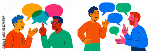 Two groups of people engaged in lively conversations with colorful speech bubbles representing dialogue and ideas exchanged