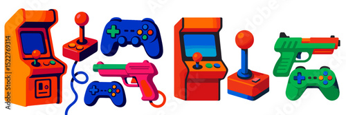 Colorful illustration showcasing various gaming controllers and arcade machines in a playful layout