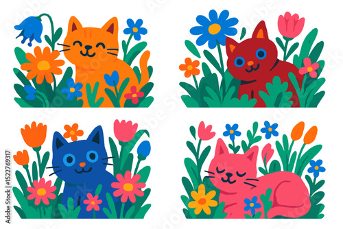 Colorful cartoon cats resting among vibrant flowers in a lively garden setting during sunny weather