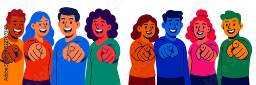 Group of diverse friends joyfully pointing at the viewer in a colorful illustration