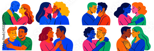Colorful illustrations of diverse couples sharing affectionate moments in a close setting during a romantic gathering