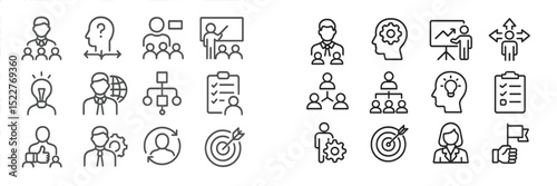 Collection of icons representing teamwork, leadership, and brainstorming in a business environment during a training session