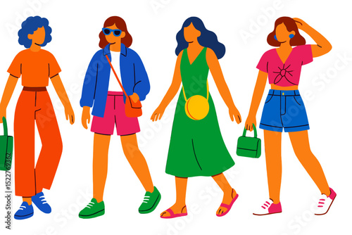 Stylish women walking in colorful outfits during a sunny day in a vibrant urban setting