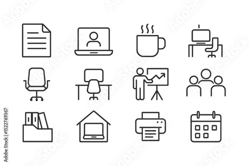 Icons representing various office activities and tools for effective workspace management and remote collaboration
