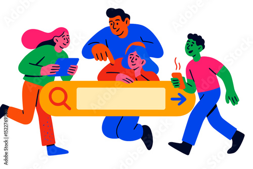Group of diverse friends collaborating on a digital project in a colorful workspace during the daytime
