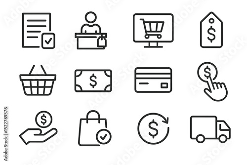 Shopping process icons illustrating e-commerce, purchasing items, and transaction activities in modern retail settings
