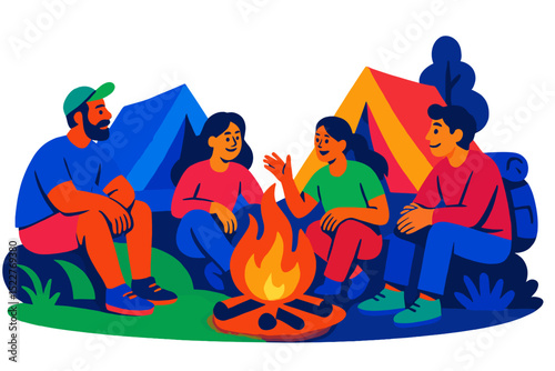 Group of friends enjoy a campfire chat while camping in a scenic outdoor location