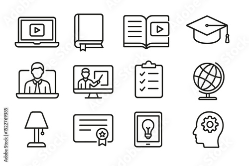 Educational icons representing online learning, teaching, and academic success