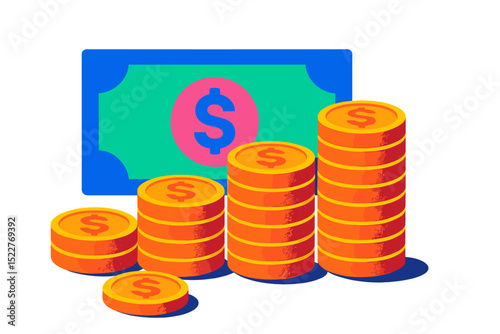 Stacks of coins and a banknote arranged creatively to symbolize wealth and financial growth in a vibrant setting