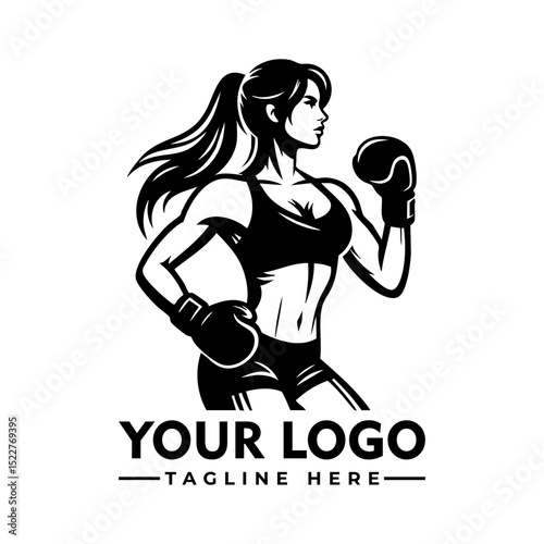 Strong athletic woman boxer in fighting stance wearing sportswear and boxing gloves, black and white cartoon vector illustration
