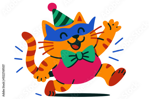 Colorful cartoon cat celebrating at a party with a party hat and bow tie during a joyful occasion