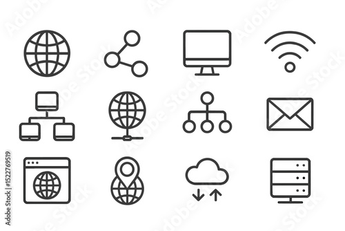 Collection of digital icons representing internet connectivity, networking, and communication