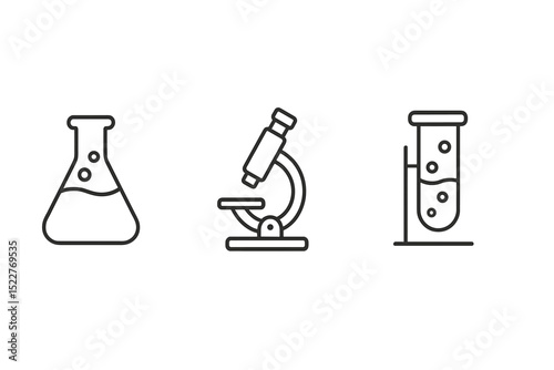 Laboratory equipment including a flask, microscope, and test tube in a minimalist design showcasing scientific experimentation