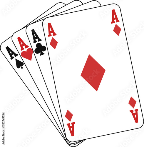 Four aces playing card vector.spade, heart, club, diamond. Flat outline illustration for casino design, poker game, gambling app, or vintage card graphics.