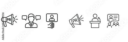 Icons representing public relations activities and communication strategies illustrated in a simple, monochrome style
