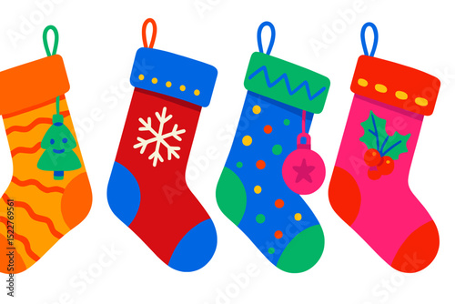 Colorful Christmas stockings hanging in a row with decorative elements celebrating the holiday spirit