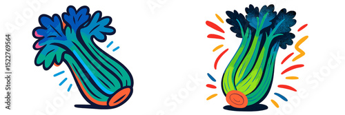 Creative illustration of vibrant celery with playful colors and dynamic lines showcasing freshness and vitality