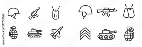 Symbols representing military equipment and personnel, showcasing weapons, gear, and ranks in black and white design