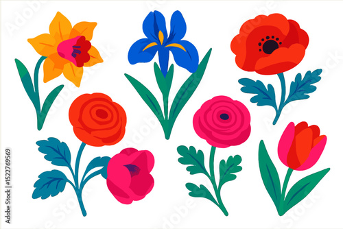Colorful spring flowers featuring daffodil, iris, poppy, and tulip in a vibrant illustration