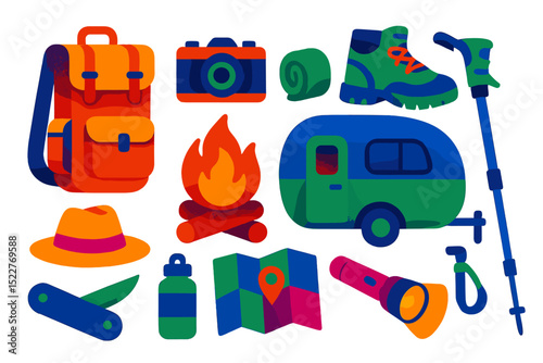 Outdoor camping essentials including backpack, tent, and hiking gear for a great adventure in nature