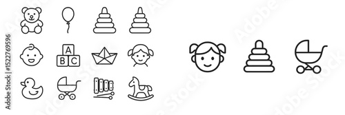 Variety of children's toys and playful elements arranged in a simple design featuring a bear, balloon, building blocks, and more